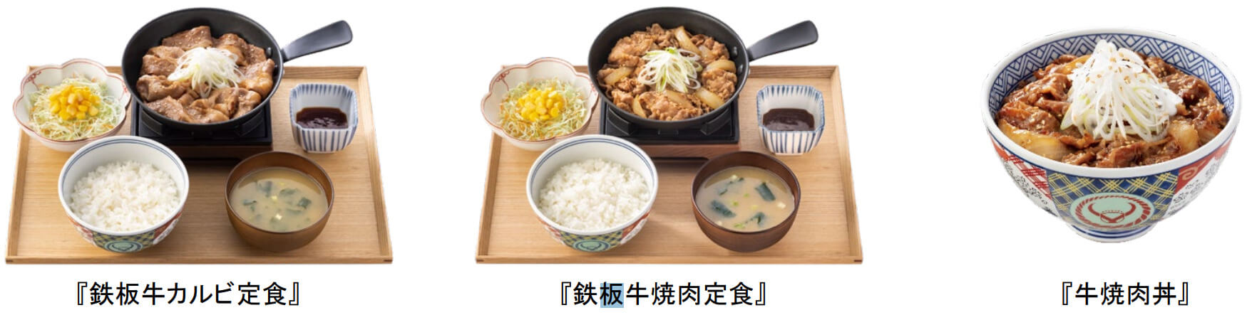 鉄板牛カルビ定食と鉄板牛焼肉定食と牛焼肉丼の写真